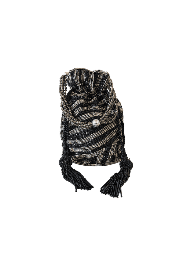 Beaded Indian Potli Bag Zebra pattern, Standing Drawstring Bag, Mini Bucket Bag, Evening Bag with Wristlet and Tassels