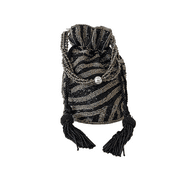Beaded Indian Potli Bag Zebra pattern, Standing Drawstring Bag, Mini Bucket Bag, Evening Bag with Wristlet and Tassels