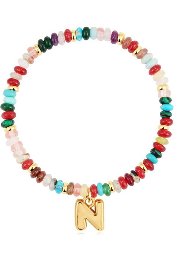 Beaded Initial Bracelets for Women,Charm Rainbow Gemstone Colorful Summer Beach Jewelry for Women
