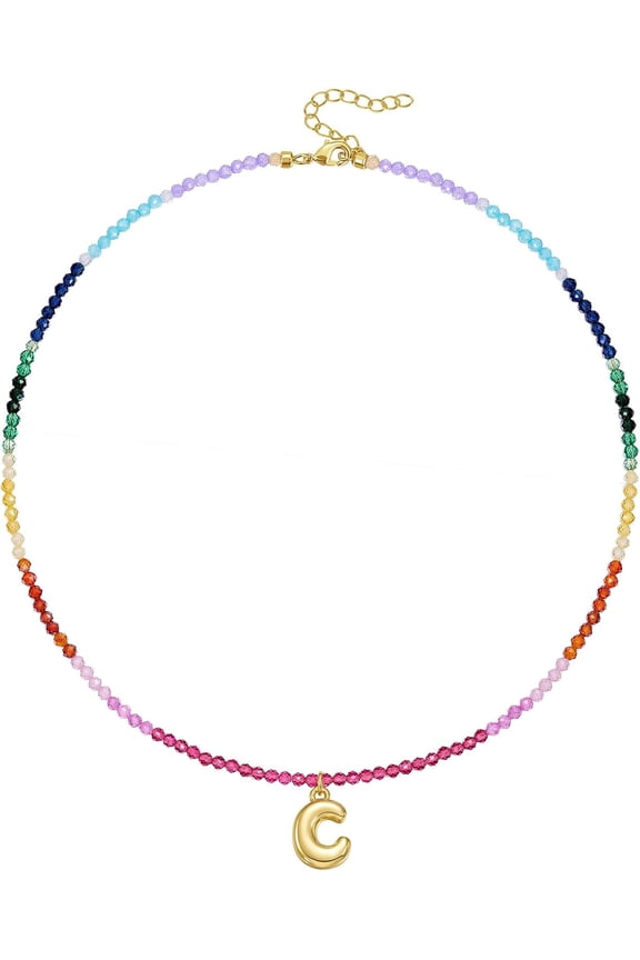 Beaded Initials Necklace for Women, 14K Gold Plated Bubble Letter Pendant, Rainbow Gemstone Colourful Summer Beach Jewelry
