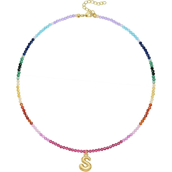 Beaded Initials Necklace for Women, 14K Gold Plated Bubble Letter Pendant, Rainbow Gemstone Colourful Summer Beach Jewelry