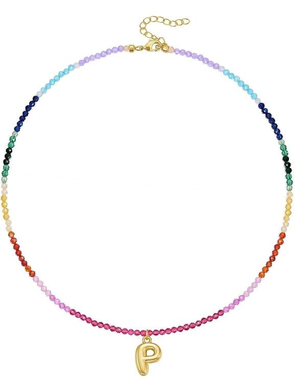 Beaded Initials Necklace for Women, 14K Gold Plated Bubble Letter Pendant, Rainbow Gemstone Colourful Summer Beach Jewelry
