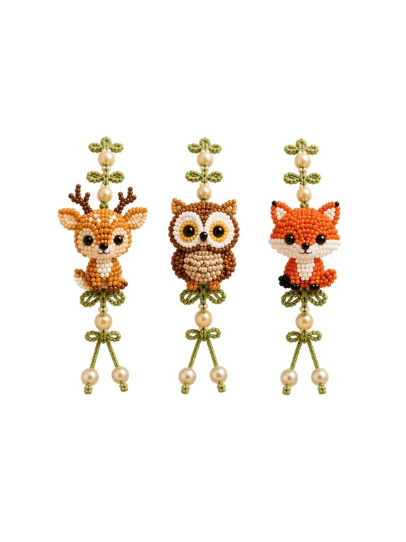 Beaded Keychain Kit Handmade Animal Charm Set 3 Pack Pearl Accent Woven Cord Set for Key Rings Backpacks Daily Use Gift for Young Women