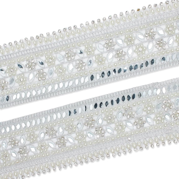 Beaded Lace Trim 2.5 in. Diamond Rhinestone Mirror Metallic Polyester Cord Sewing & Upholstery Mesh - Silver (1 Pack, 9.8 Yards)