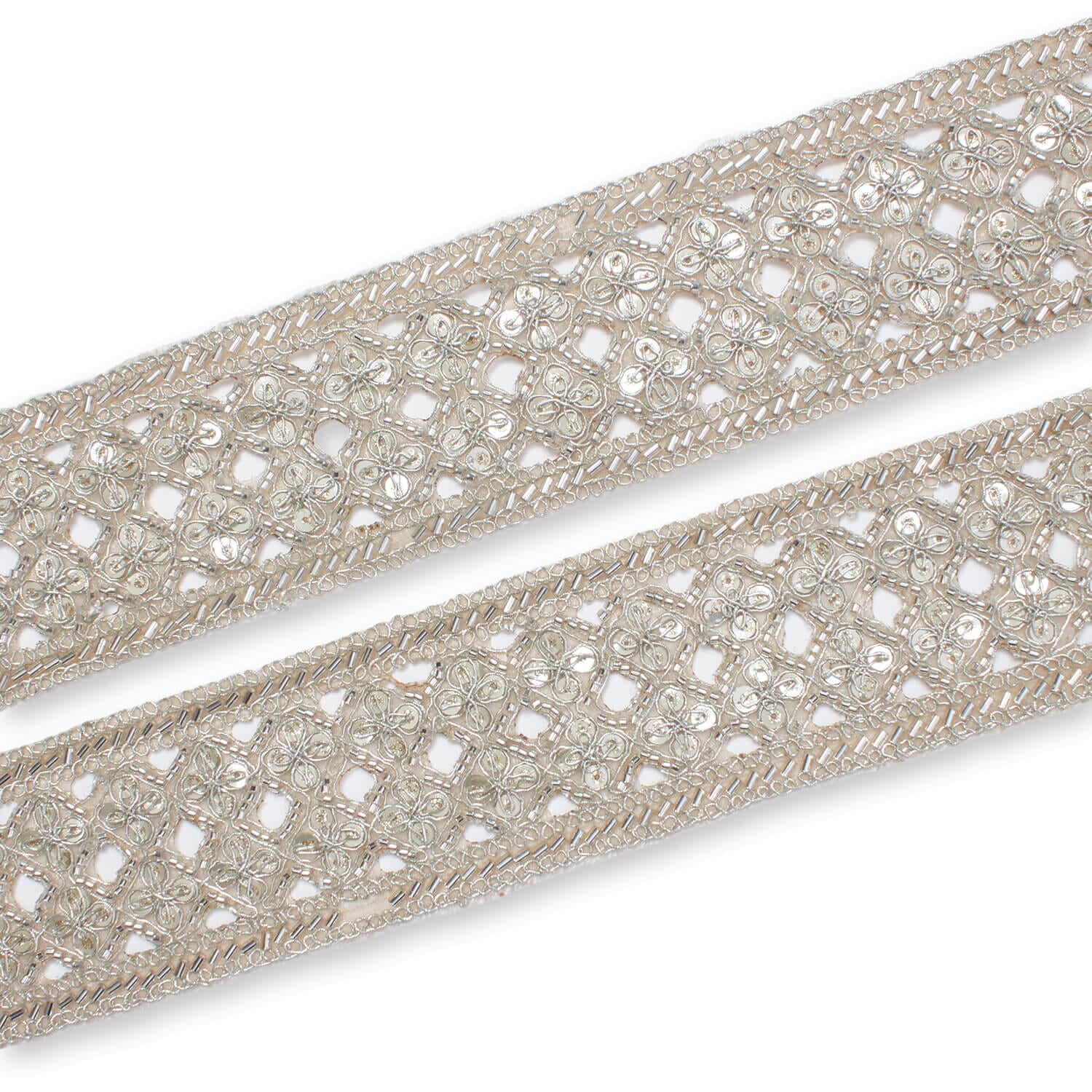 Beaded Lace Trim 2.5 in. Geometric Floral Sequin Corded Eyelet Polyester Sewing & Upholstery Mesh - Silver (1 Pack, 9.8 Yards)