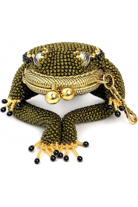 Beaded Lucky Frog Kiss Lock Coin Purse Keychain Pouch for Women, 3.1 In