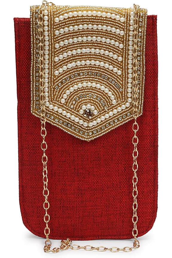Beaded Mobile Pouch with ,Chain Strap Crossbody Phone Bag, 8x5 Inch, Jute Material