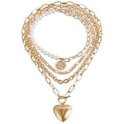 HONPRAD Beaded Necklace Multi Layer Imitation Pearl Necklace Exaggerated Love Retro Necklace - Necklaces for Women
