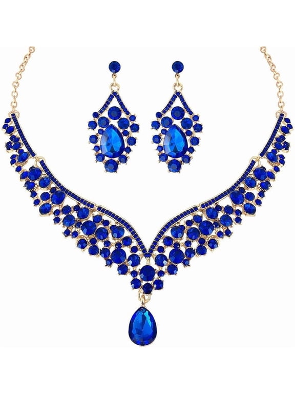 Beaded Necklace and Earring Set with Rhinestone Chains, Clear Stones, Fashion Jewelry Accessories for Women
