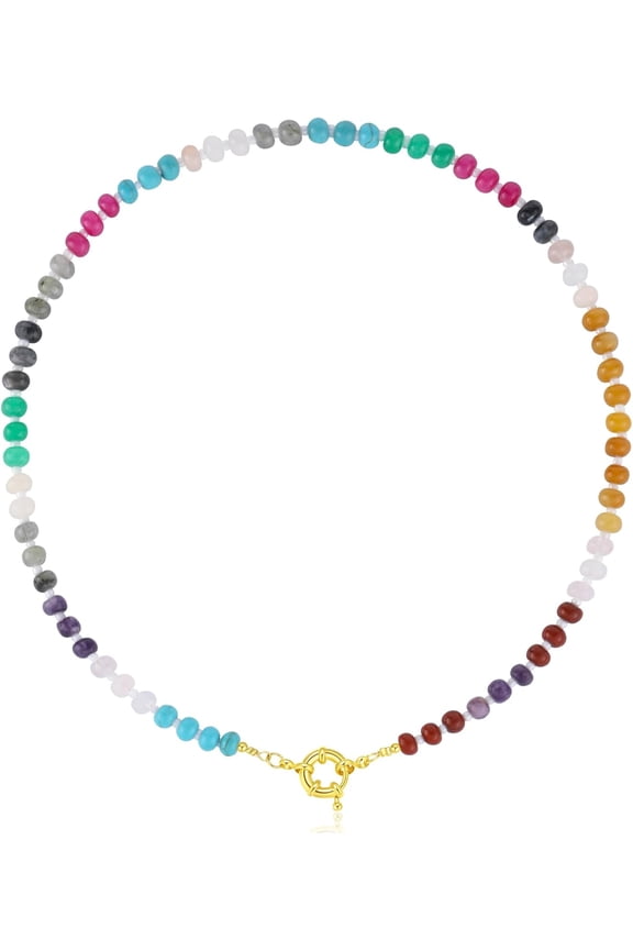 Beaded Necklaces For Women Colorful Gemstone Boho Choker Natural Stone Pearl Gold Plated Rainbow Bead Handmade Necklace Beach Waterproof Cute Summer Jewelry Birthday Gift[Z543]