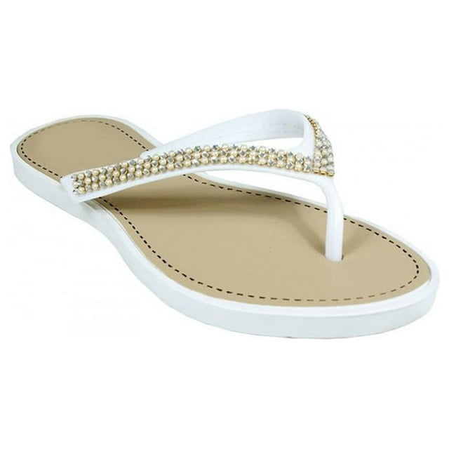 Beaded Pearl Embellished Thong Flat Flip Flop Sandals 0482