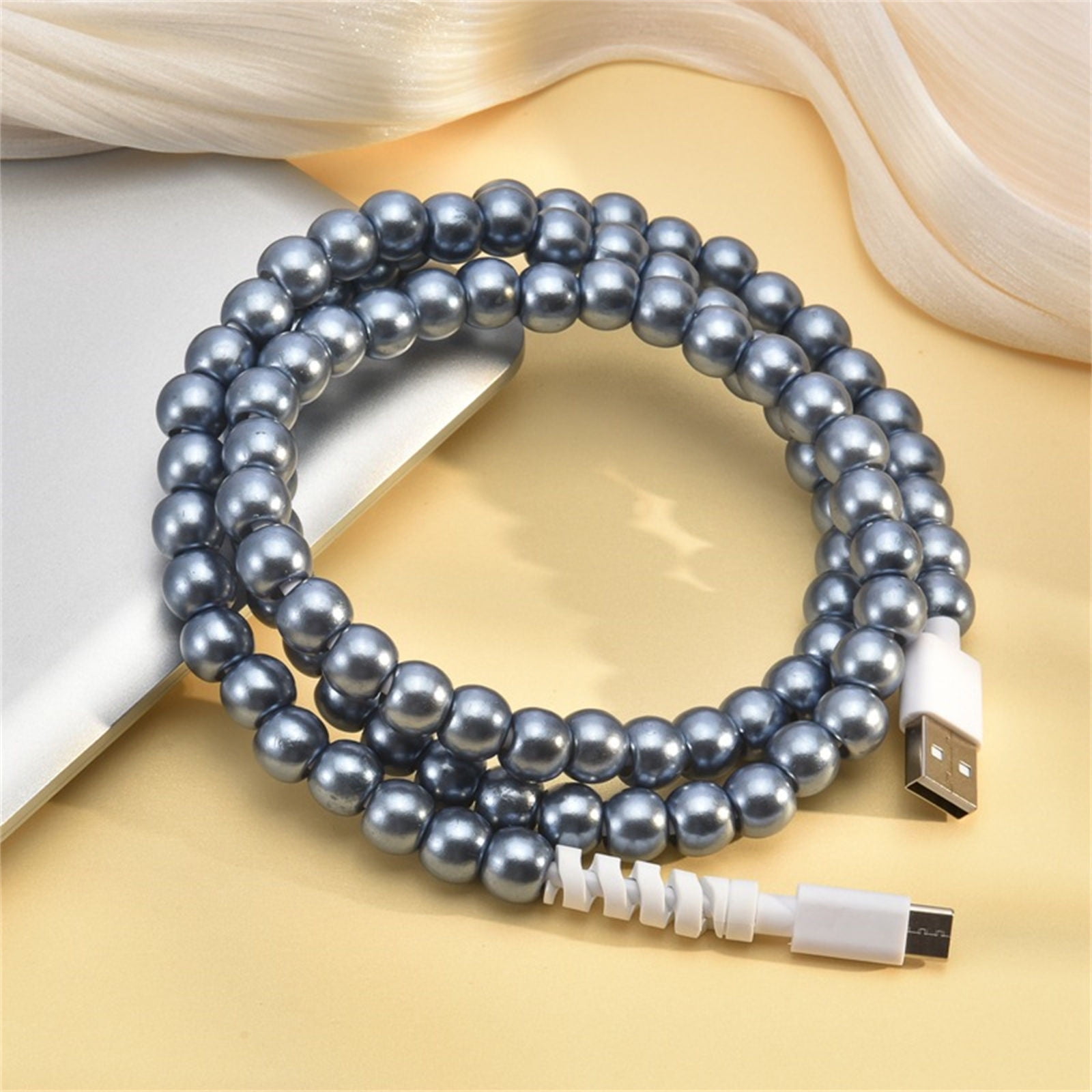 Beaded Phone Charger Cord, Handmade Pearl Beaded USB Data Cable