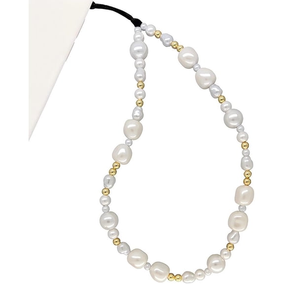 Beaded Phone Charm Y2K Kawaii Handmade Acrylic Lanyard Wrist Strap for Camera Bag Airpods Keychain Gold and White Pearls