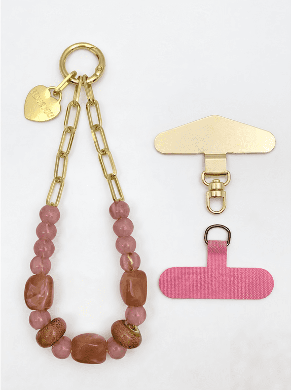 Beaded Chain Phone Charm Wristlet with 2 Tether Tabs, Bag Charm & Keychain, Dusty Rose Gold
