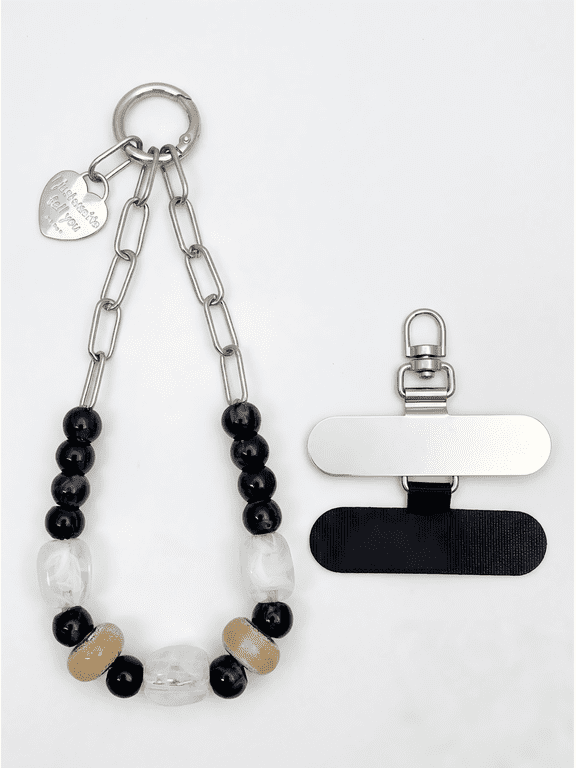 Beaded Chain Phone Charm Wristlet with 2 Tether Tabs, Bag Charm & Keychain, Black Gold