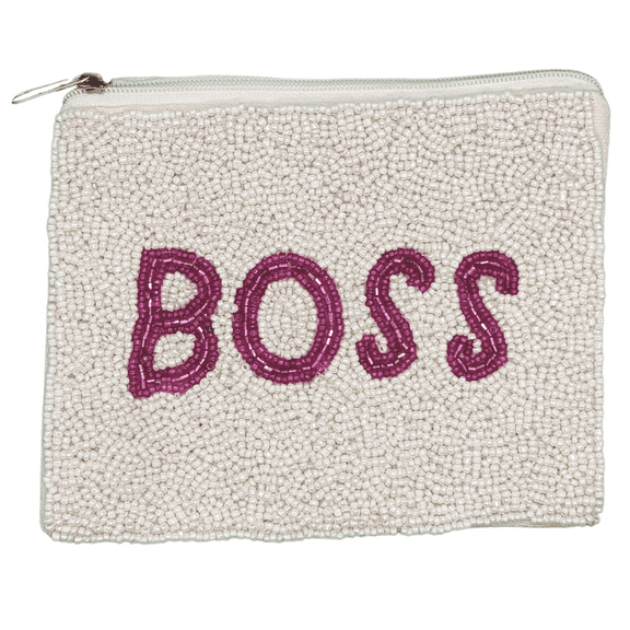 Beaded Pink Boss Coin Pouch with Zipper and Canvas Lining