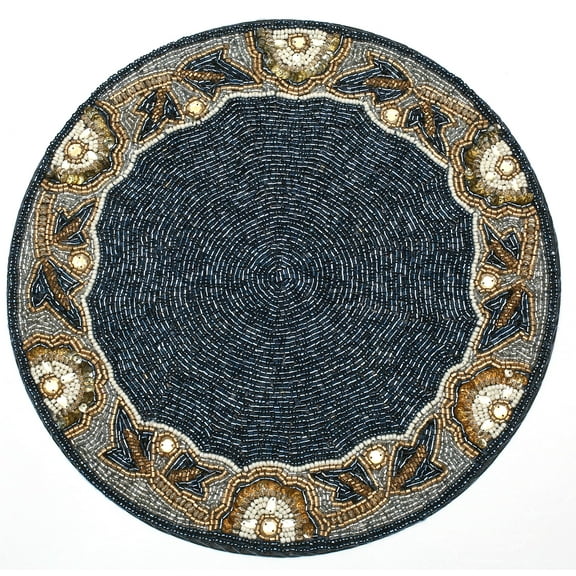 Beaded Placemats for Dining Table Dia 13 inches-Blue White Gold Circle,Chritsmas,Beaded Placemats Round for Gathering, Thanksgiving - Occasional Decoration and Family Parties Celebrations.Set of 1