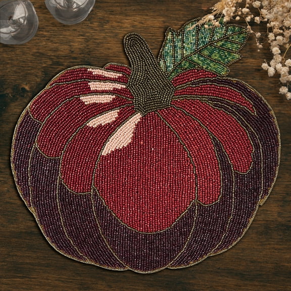 Beaded Placemats Fall Pumpkin Design Set of 2 - Scratch Heat Stain Resistant Kitchen Home Decor Durable Tablemats for Autumn Harvest Dining Table Gatherings Thanksgiving - Purple Maroon