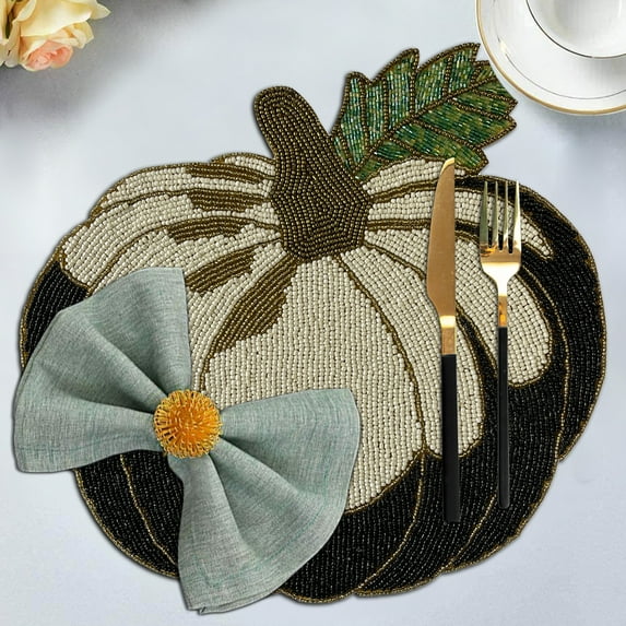 Beaded Placemats Fall Pumpkin Design Set of 6 - Scratch Heat Stain Resistant Kitchen Home Decor Durable Tablemats for Autumn Harvest Dining Table Gatherings Thanksgiving - Black White