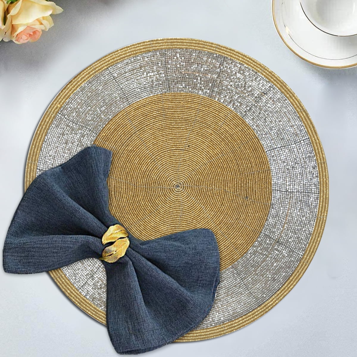 Beaded Placemats Set of 16 for Dining Table, Table Placemats, 14 Inches Round Gold Silver