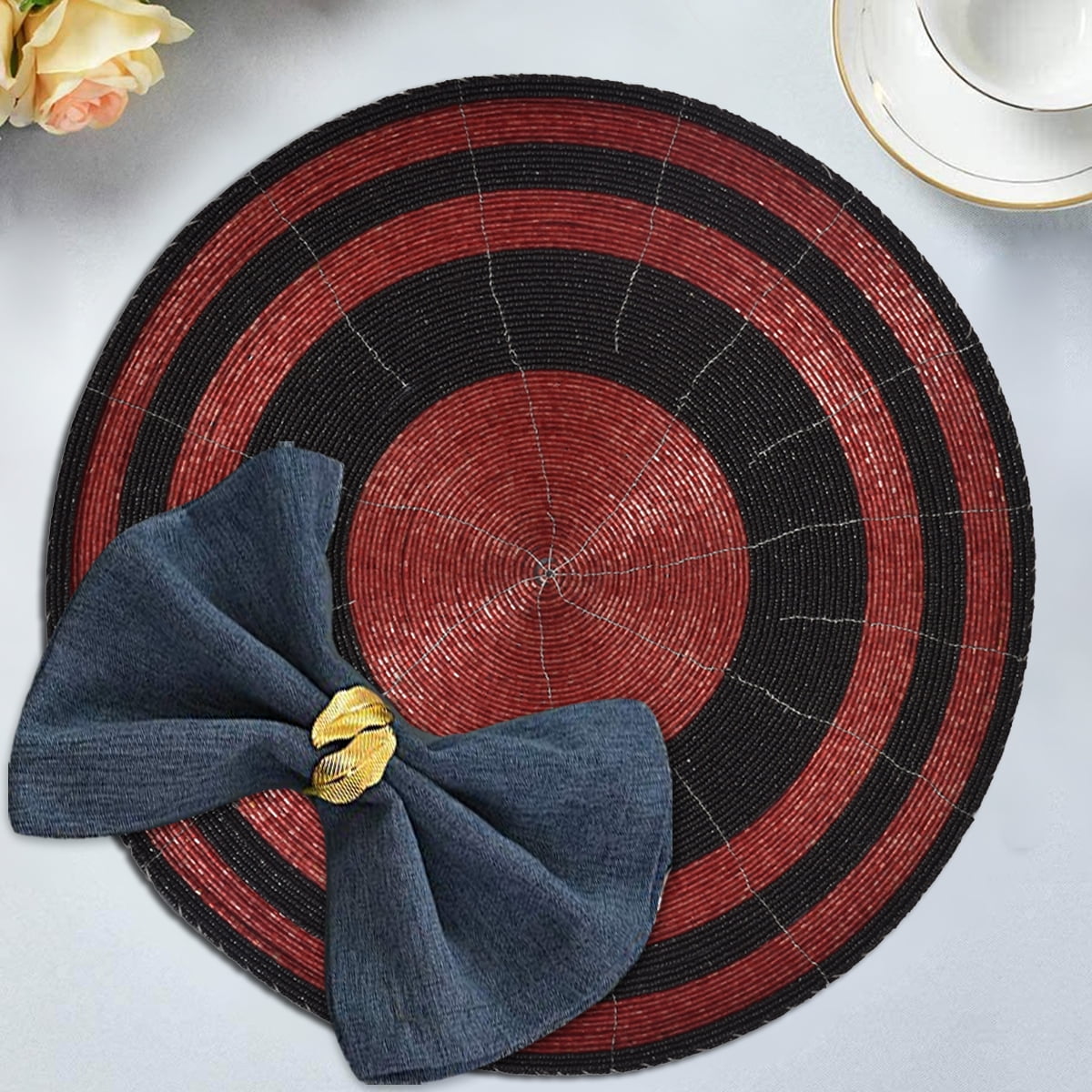 Beaded Placemats Set of 4 for Dining Table, Table Placemats, 14 Inches Round Black Red
