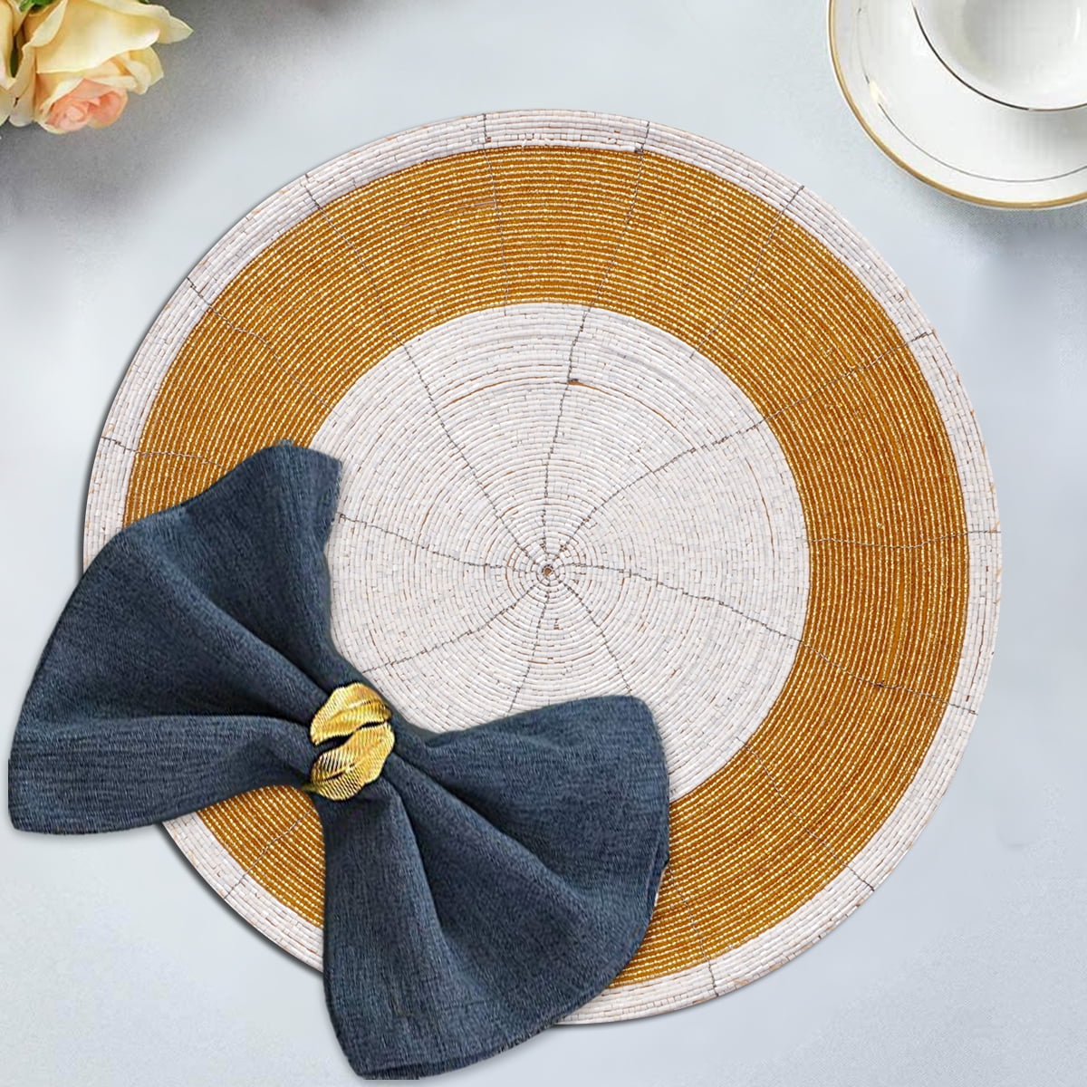 Beaded Placemats Set of 8 for Dining Table, Table Placemats, 14 Inches Round Gold Ivory