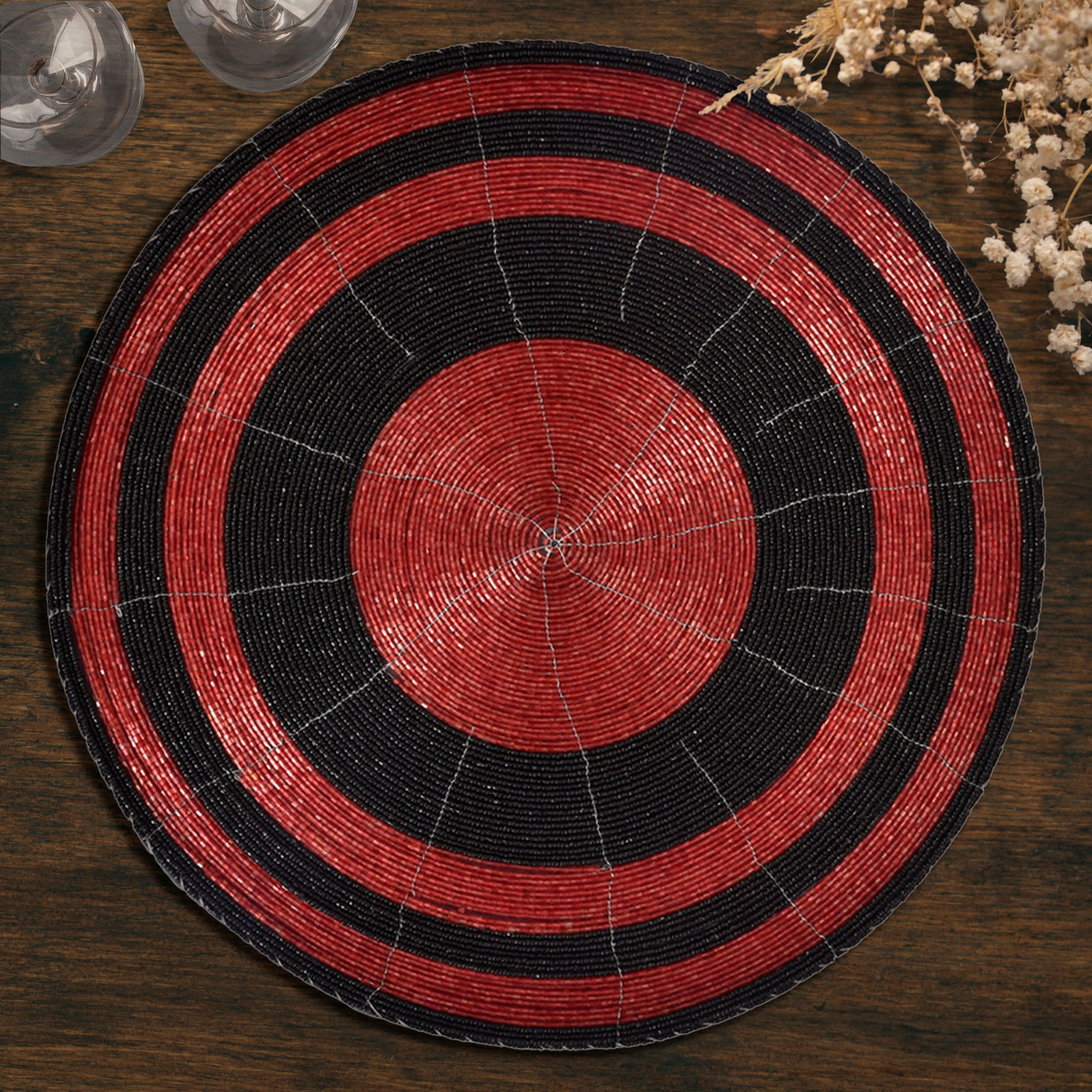 Beaded Placemats Set of 16 for Dining Table, Table Placemats, 14 Inches Round - Black Red