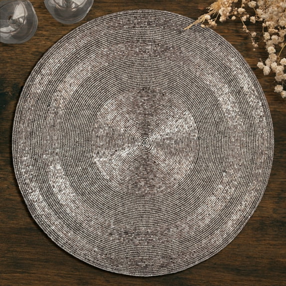 Beaded Placemats Set of 16 for Dining Table, Table Placemats, 14 Inches Round - Silver Smoke