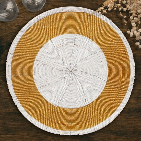 Decozen Beaded Placemats Set of 4 Dining Table Placemats Glass Beads with Cotton Back Gold Ivory 14"