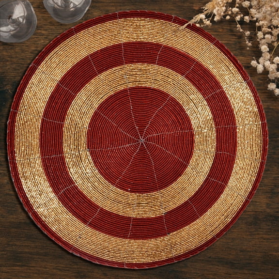 Beaded Placemats Set of 4 for Dining Table, Table Placemats, 14 Inches Round - Red Gold