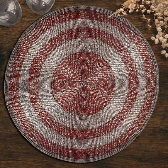 Beaded Placemats Set of 4 for Dining Table, Table Placemats, 14 Inches Round - Red Silver
