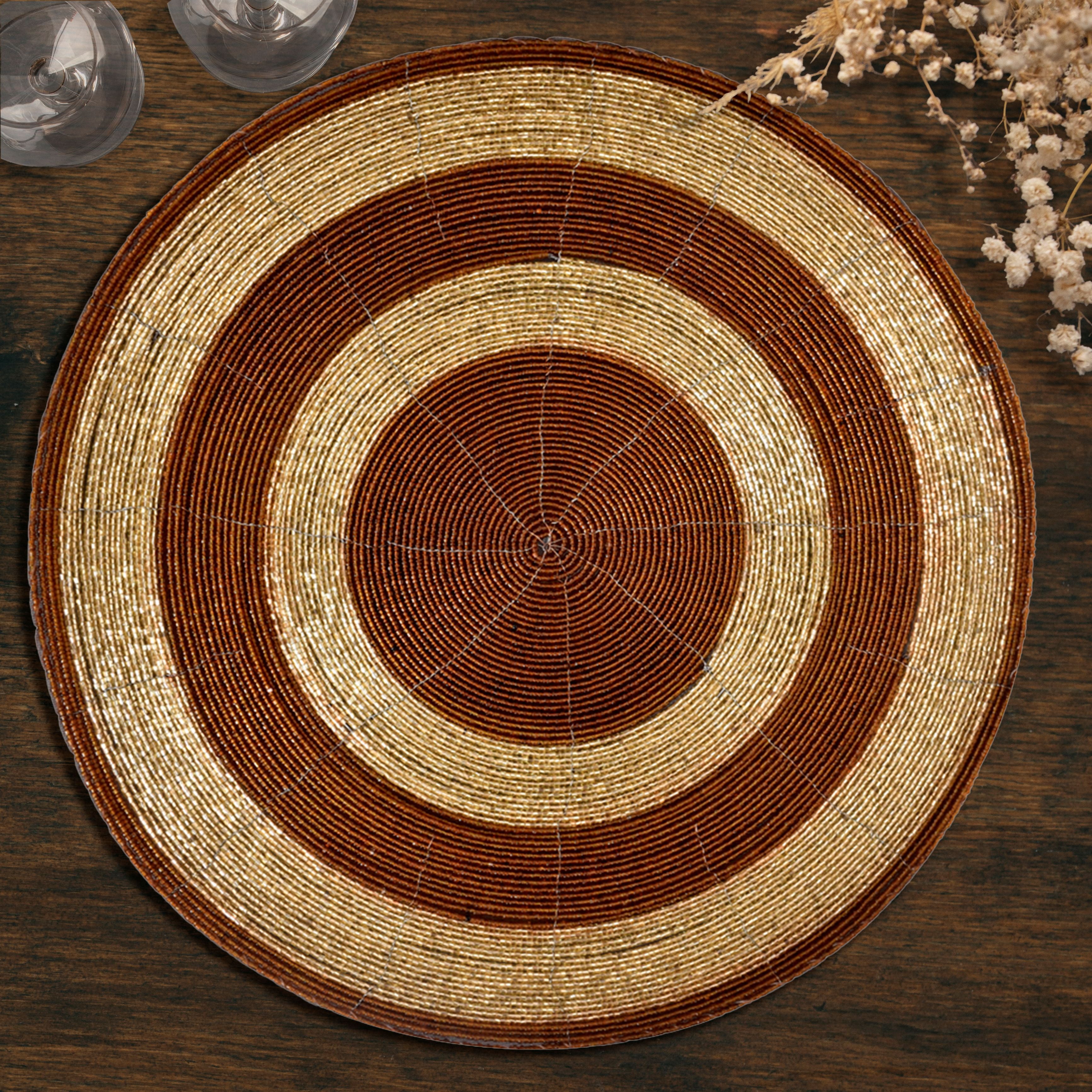 Beaded Placemats Set of 8 for Dining Table, Table Placemats, 14 Inches Round - Brown Gold