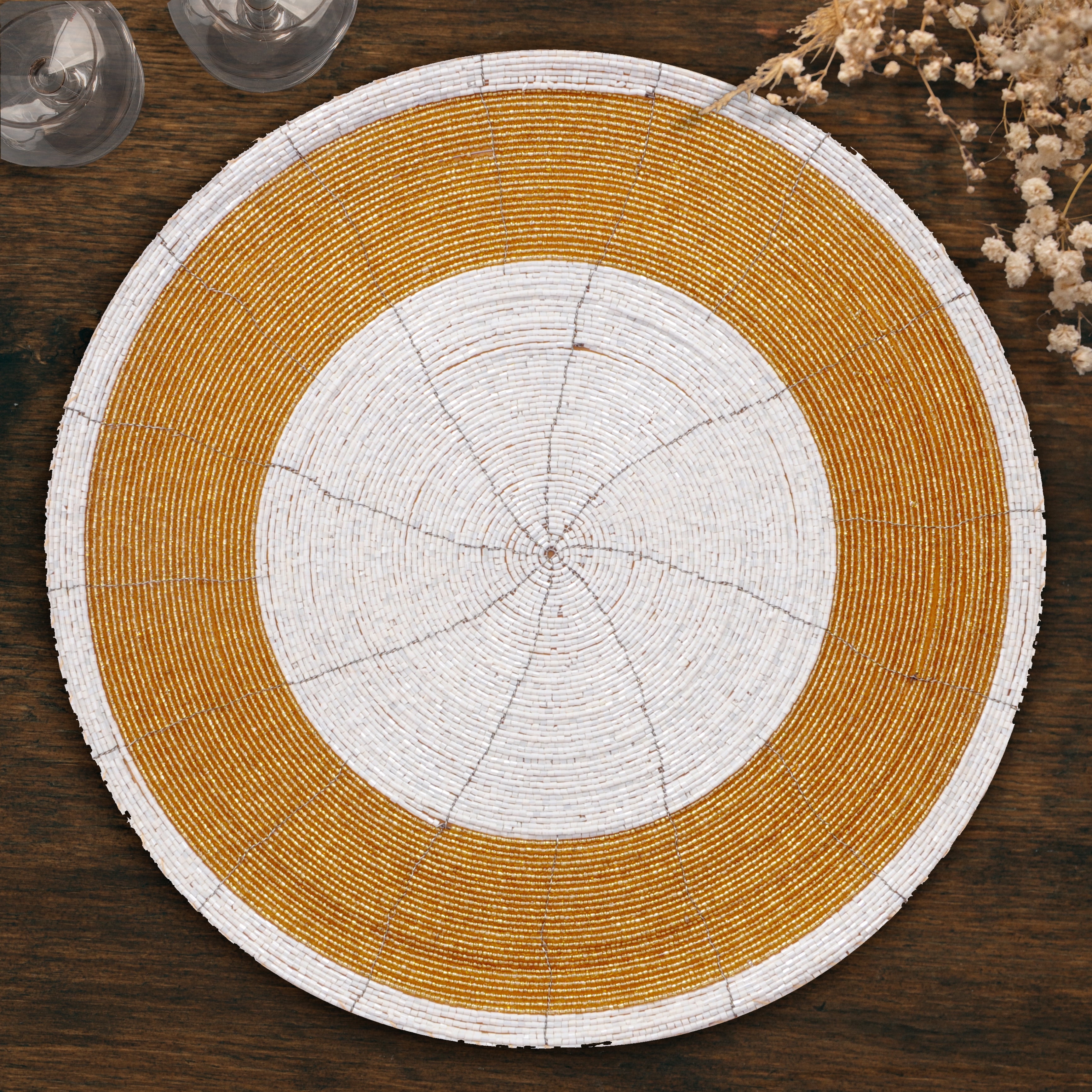Beaded Placemats Set of 8 for Dining Table, Table Placemats, 14 Inches Round - Gold Ivory