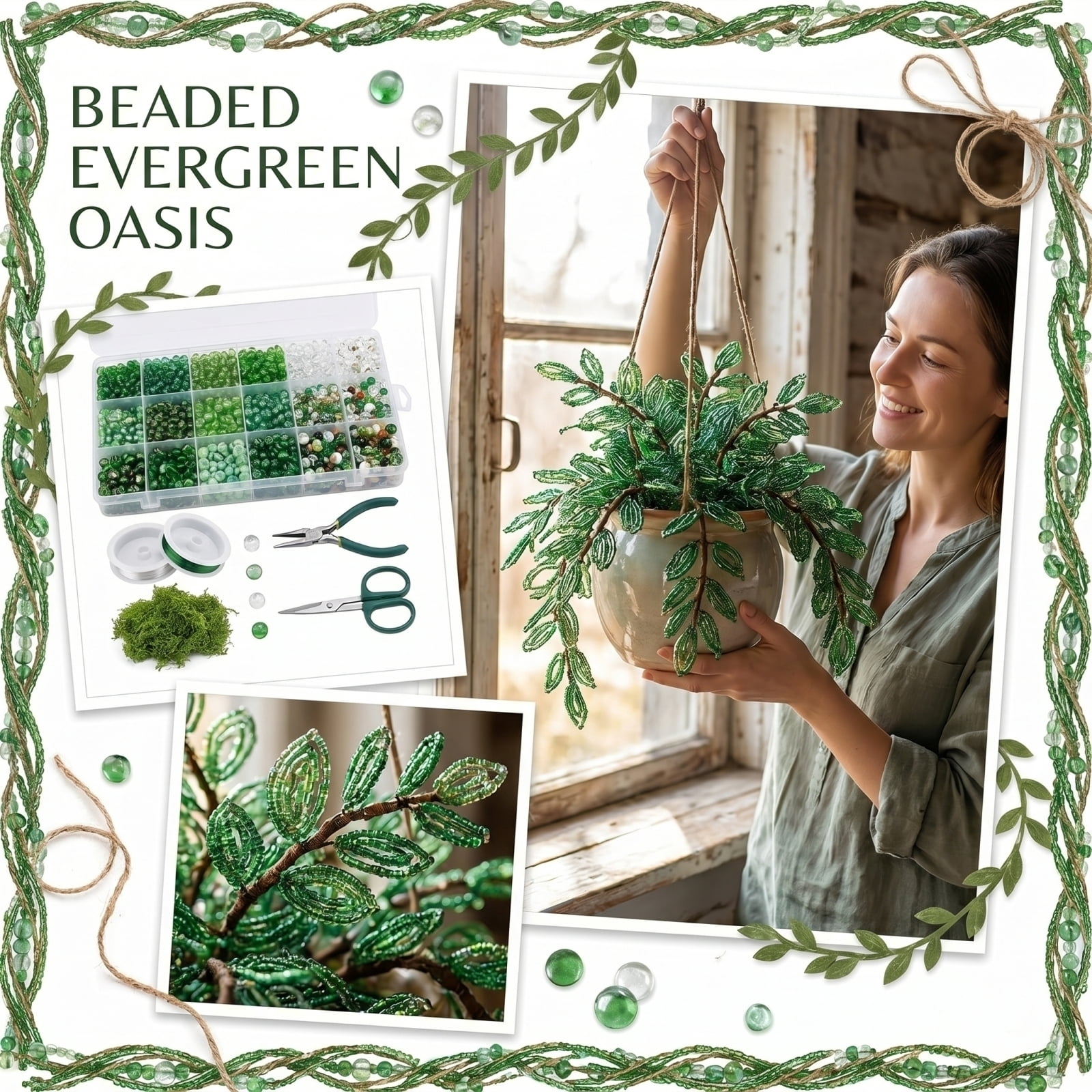 Beaded Plant Kit Forever Plant Kit Green Glass Beads for Plant Making,Green Beads for Beaded Plants with Video Tutorials,Forever Plant Beads Leaf Bead for Jewelry Making DIY Craft