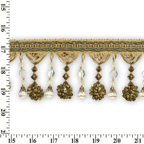 Beaded Pom Ball Tassel Fringe 4.5" Wide Polyester Trim Sold By The Yard - Gold / Sage