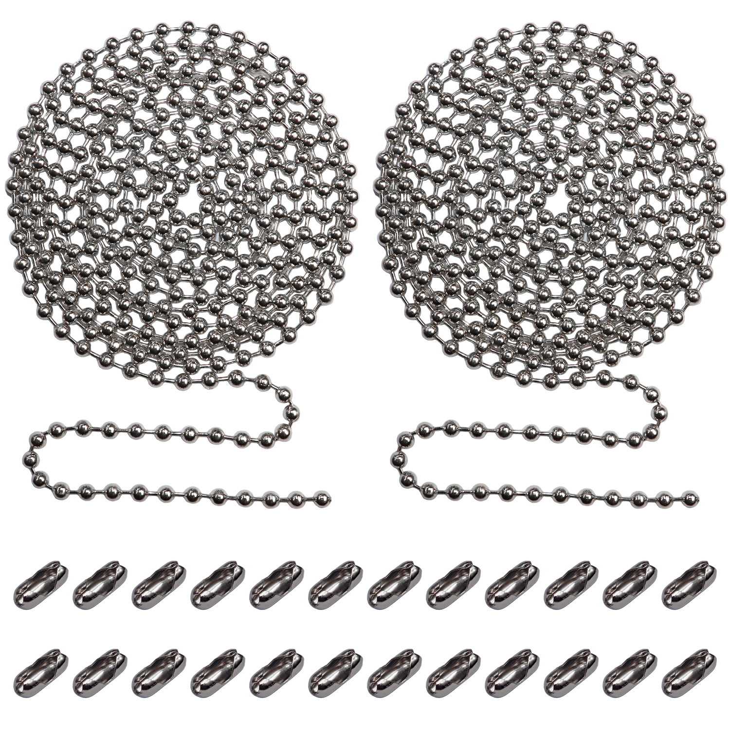Beaded Pull Chain Extension with Connector for Ceiling Fan or Light (2pc in  One Package) 10 Feet Beaded Roller Chain with 12 Matching Connectors Each  (3.2mm Diameter, Silver) 