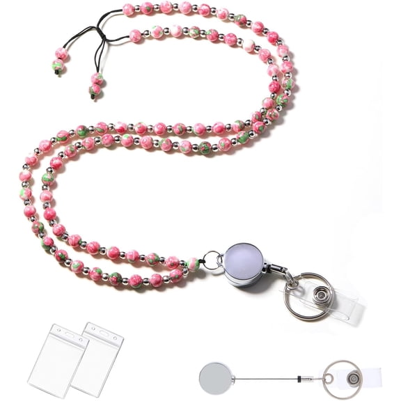 Beaded Retratable Lanyards for ID Badges and Keys Durable Teaher Lanyard Natural Stone with Id Holders