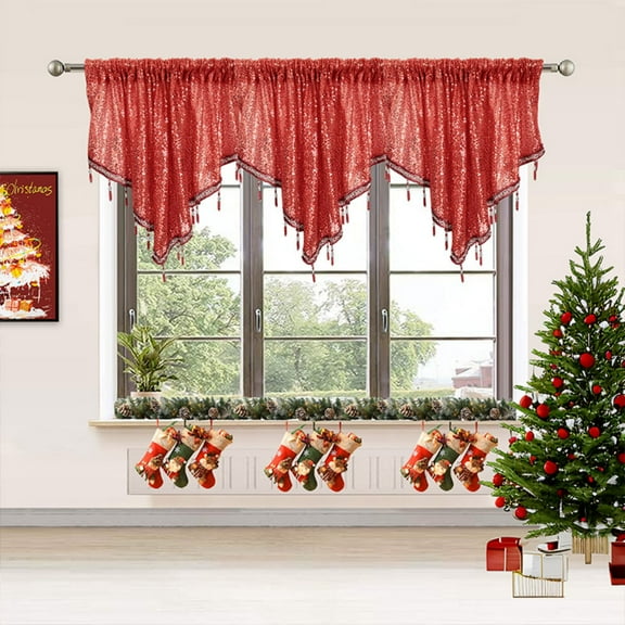 Beaded Sheer Window Valance, Scalloped Kitchen Curtain, Bathroom Swag Sheer with Rod Pocket, Short Valance Drape for Bedroom Living Room, 51 in W x 23.6 in L, 1PCS Red