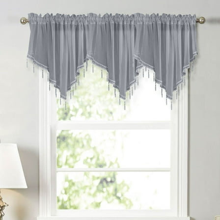 Beaded Sheer Window Valances Curtains for Kitchen, Rod Pocket Triangle Farmhouse Valance Beads Trim Tassel Curtain Valances for Bedroom Bathroom Cafe, 51.2 x 23.6 Inch
