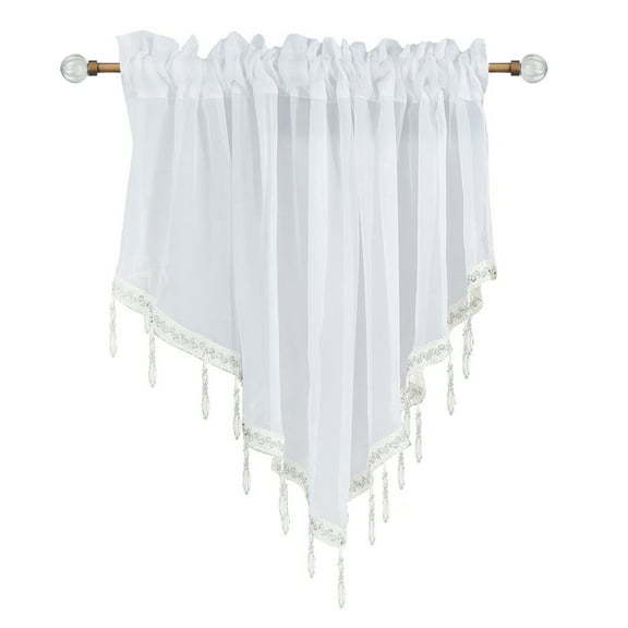 Beaded Sheer Windows Valance 51.1 In W x 23.6 In L, Scalloped Kitchen Curtain, Bathroom Swag Sheer with Rod Pocket, Short Valance Drape for Bedroom Living Room