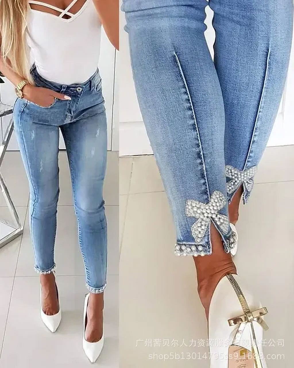 Beaded Slit Bowknot Decor Jeans Autumn 2023 Women Pearl Bow Casual Loose Splice Sheath Long Pants Slim Fit Denim Pencil Trousers Walmart