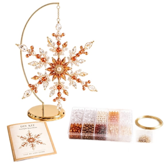 Beaded Snowflake Ornament DIY Kit,DIY Beaded Christmas Tree Kit,3D Crystal Bead Holiday Craft Set ,Craft Set Pattern and Assorted Beads,Christmas Ornaments Amber Orange Crystal