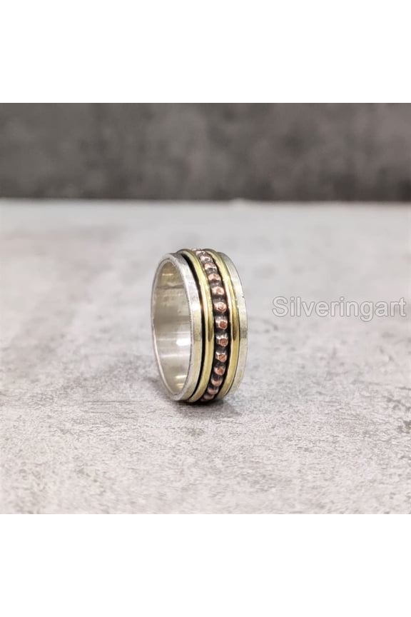 Beaded Spinner Band, Bohemian Ring, 925 Sterling Silver Ring, Spinning Thumb Ring, Three Tone Ring, Fidget Ring, Handmade Jewelry, Christmas Oxidized, Brass Copper Band, Anxiety Ring, Mans Band Gifts