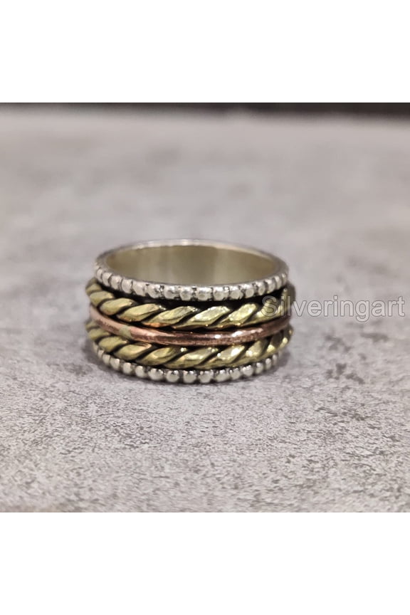 Beaded Spinner Band, Bohemian Ring, 925 Sterling Silver Ring, Spinning Thumb Ring, Three Tone Ring, Fidget Ring, Handmade Jewelry, Christmas Oxidized, Brass Copper Band, Anxiety Ring, Mans Band Gifts