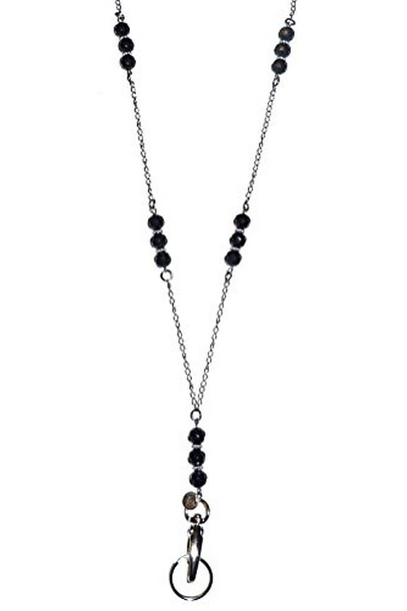 Beaded Stainless Steel Chain Women's Lanyard Necklace, 34" ID Badge Holder, Keys, Cruise, - Black