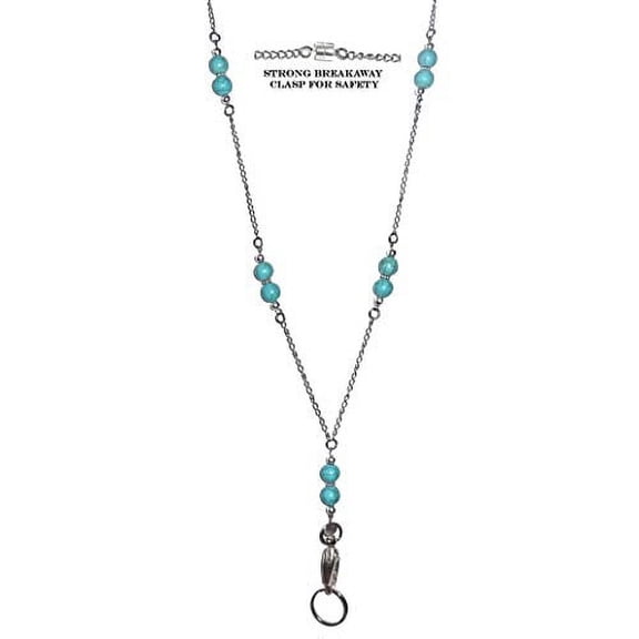 Beaded Stainless Steel Chain Women's Lanyard Necklace, 34" ID Badge Holder, Keys, Cruise, - Turquoise