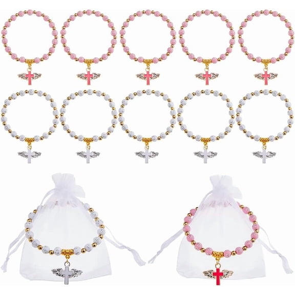Beaded Stretch Rosary Bracelet Rosary Bead Bracelet with Mesh Bags Baptism Communion Shell Bracelets Seashell Color Catholic Bracelets with Crucifix
