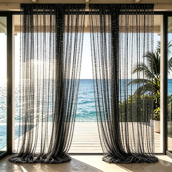 Beaded String Curtain, 78.7 X 37.4 Inch, Plastic Beads Window Divider And Party Backdrop, Black