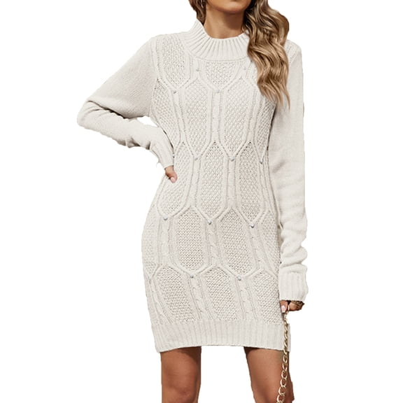 Beaded Sweater Dress, Solid Color Long Sleeve Bodycon Knit Dress, Glamorous Yet Casual for Holiday Parties, Dinner Dates & Winter White XL