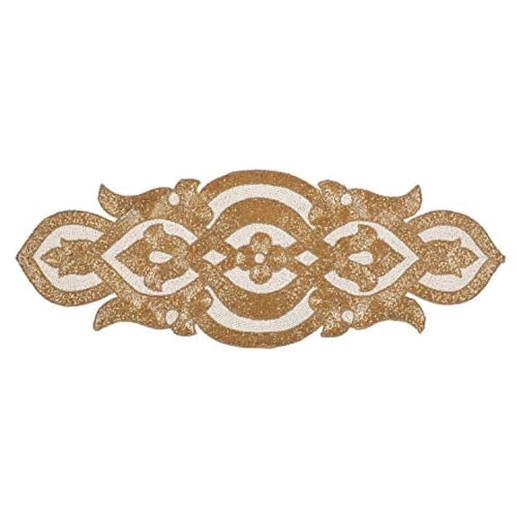 Homebia Designs Beaded Table Runner, Infinity Design, Handmade Embroidered Table Dcor for Christmas & Dinner Parties, 13 x 36 inch, Gold Ivory